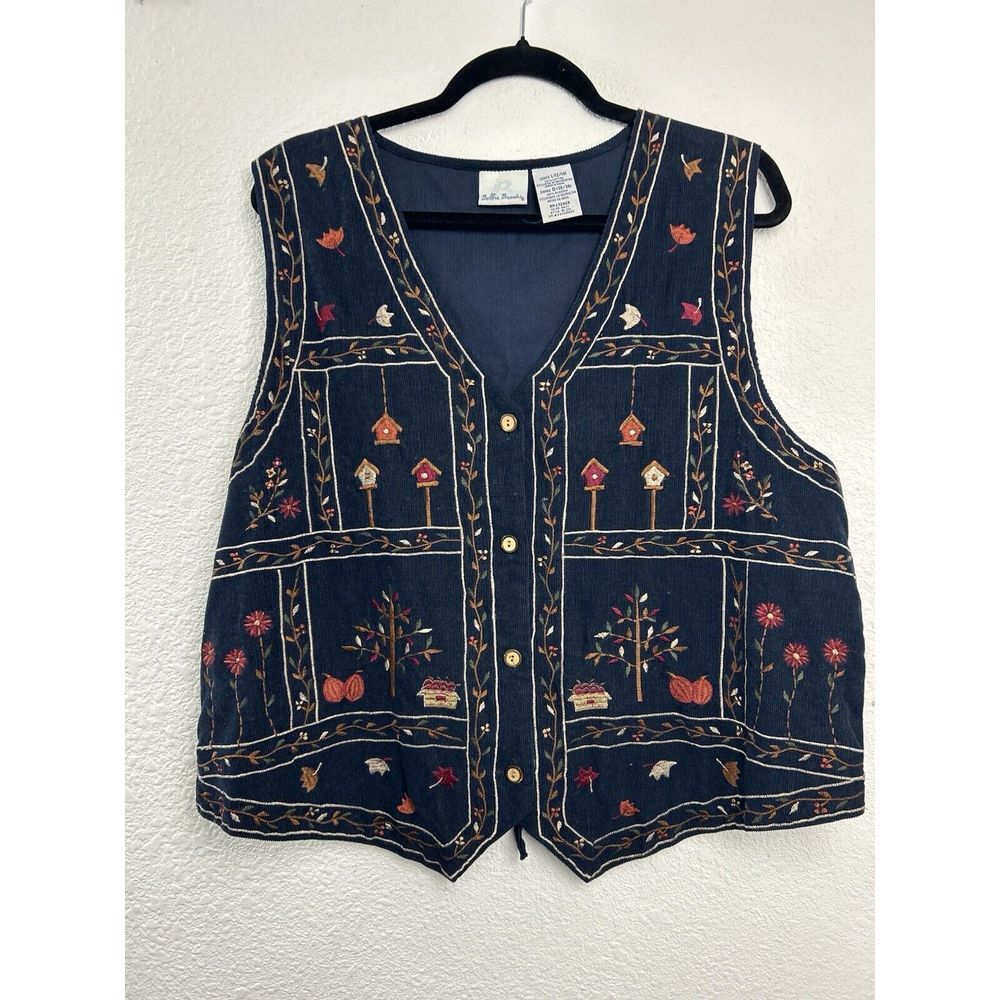 Vintage Bobbie Brooks Women's Corduroy Birdhouse Vest L (12/14) Blue Embroidered